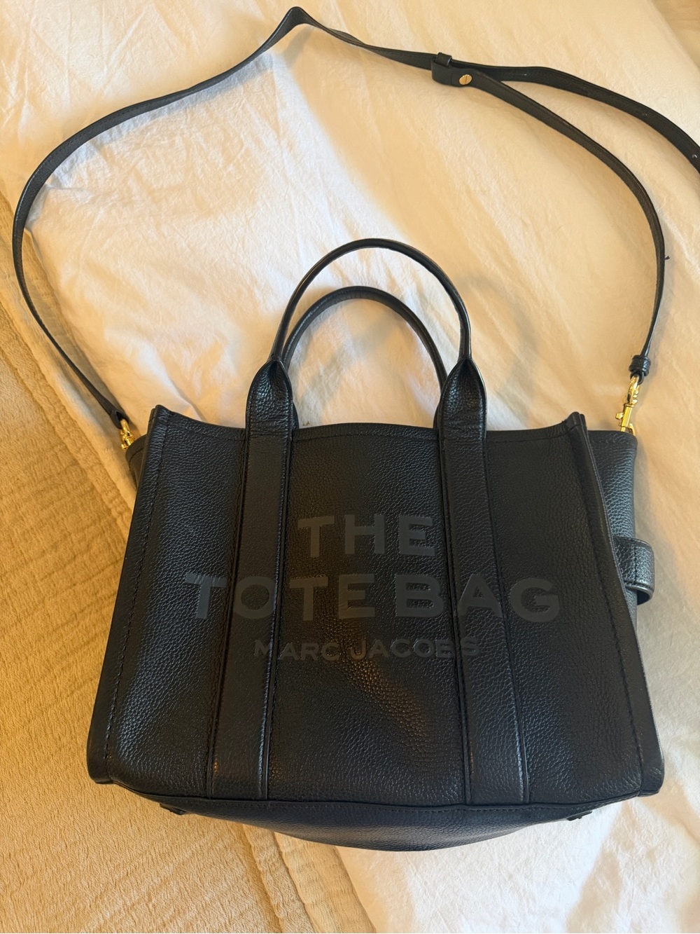 Marc Jacobs Black Pebbled Leather The Tote Bag with Crossbody Strap
